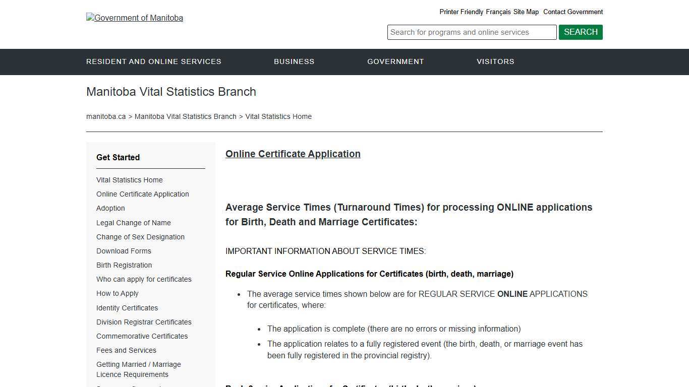 Vital Statistics Home Manitoba Vital Statistics Branch Province of Manitoba